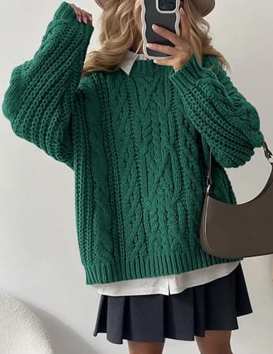 PRETTYGARDEN Women's Oversized Fall Sweaters 2026 Casual Long Sleeve Crewneck Chunky Cable Knit Pullover Tops Winter Clothes (Green,Small) - Thumbnail 3