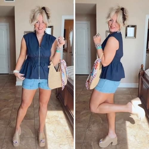 Wefebi Women's Casual V Neck Shirt Front Zip Cap Sleeves Tank Tops Pleated Waist Blouse(Navy-XS) - Thumbnail 3