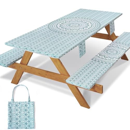Jobunai Fitted 6Ft Picnic Table Cover with Chair Covers Elastic Polyester Stain Resistant Reusable Camping Table Cloth Patio Glamping Equipment Hiking Rv Outdoor Necessities Gifts for Grandma Grandpa - Image 1