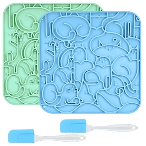 Lick Mat for Dogs,Lick Pads for Cats with Suction Cups- Large&Small Pet Anxiety Relief, Slow Feeder Dog Bowls, Bathing, Grooming and Training -2PCS Packing (Blue+Green, Small)