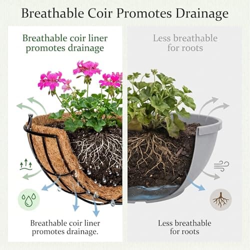 Kingbuy 12 Inch Metal Hanging Planter Basket with Coconut Fiber Liner Round Wire Hanging Plant Flower Pot for Home Garden Patio Decoration, Grid Pattern, 2 Pack - Thumbnail 6