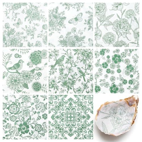 16 Pcs 8 Styles Decoupage Napkins, Sage Green Floral Paper Napkins Chinoiserie Decorative Cocktail Napkin Pretty Printed Cocktail Paper for DIY Crafting Furniture Decor Birthday Party Baby Shower
