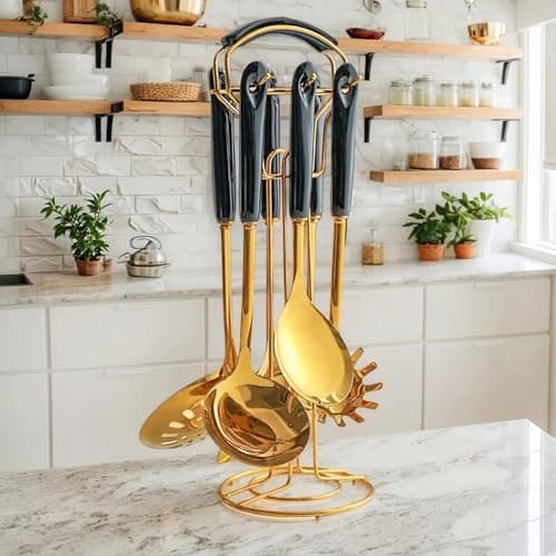Novellus Stainless Steel Gold Kitchen Utensils Set with Holder, 7pcs Black - Thumbnail 2