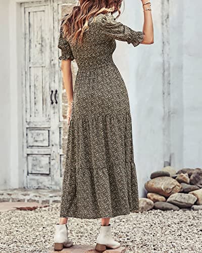 BTFBM Women Casual Summer Dresses 2026 Spring Crew Neck Ruffle Short Sleeve Smocked Floral Boho Flowy Maxi Dress Clothes(Floral Green, Medium) - Thumbnail 4