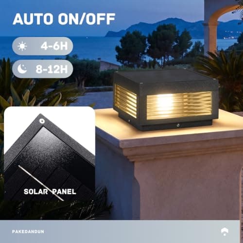 PAKEDANDUN Solar Post Lights, 9.84'' Pillar Lamp Posts IP54 Waterproof Modern Column Lamps Dusk to Dawn 3000K LED Square Lanterns for Patio Porch Fence Garden Driveway Decoration - Thumbnail 5