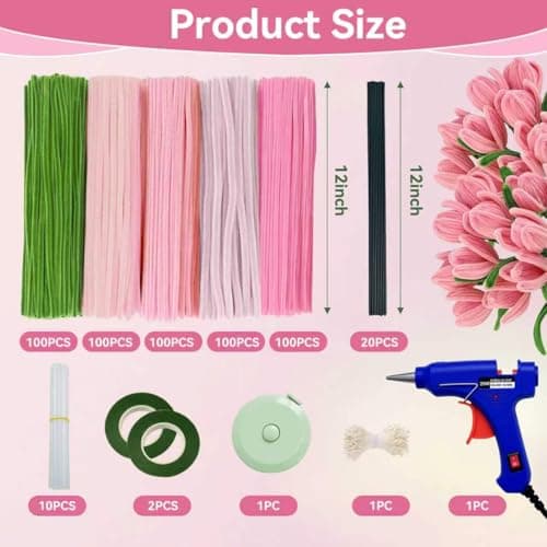 Beginner DIY Pipe Cleaner Craft Starter Kit with Step-by-Step Tutorial Video, 500 Pcs Thick 12in x 8mm Chenille Stems, Holiday & Room Decor, Family Handmade Projects (Pink) - Thumbnail 2