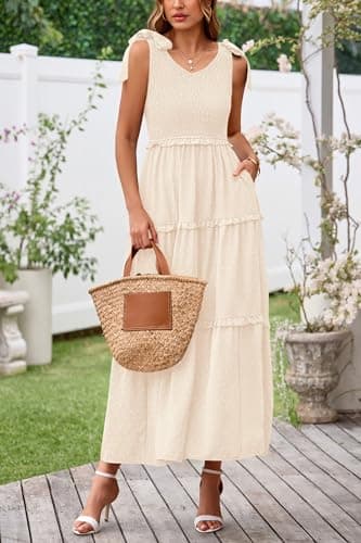 Okiwam Womens Summer Dresses 2026 Sleeveless Tie Strap Maxi Long Flowy Beach Sundresses Boho Swiss Dot Spring Wedding Guest Dress-L Beige - Thumbnail 4