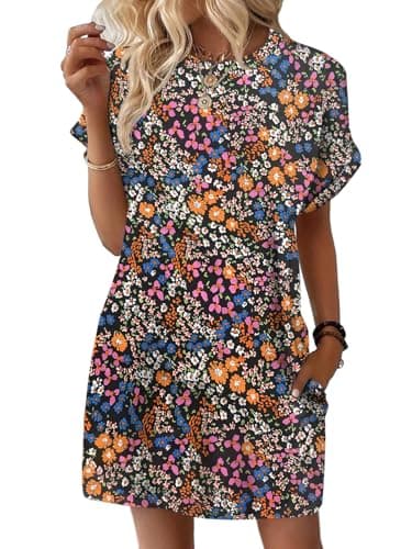 Wenrine Womens Summer Dress 2025 Floral T Shirt Dress Casual Cap Sleeve Crewneck Loose Boho Shift Mini Dresses Black - Image 1