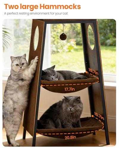 Feliskyn Modern Wood Cat Tree for Indoor Cats, 56 Inch Tall Cat Tower with Hammock, Multi-Level Trees with Perch Bed, 2 Hammock, Cat Condo, Scratching Board, Removable Pad, Cat Furniture, Rustic Brown - Thumbnail 2