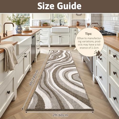 Yamaziot Washable Hallway Runner Rug 2x8 – Non Slip Modern Abstract High-Low Textured Kitchen Runner Rug, Boho Carpet Runner for Kitchen, Entryway, Bedroom, Laundry, Hallway, Beige Brown & White - Thumbnail 2