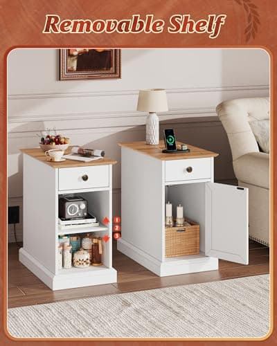 WLIVE End Table with Charging Station, Narrow Sied Table with Drawer & Cabinet, Side Table with Adjustable Shelf for Living Room/Bedroom, Farmhouse Nightstand with Hidden USB Ports and Outlets, White - Thumbnail 5