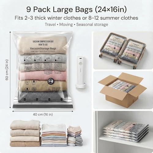 Yobobo Vacuum Seal Bags for Clothing: 80% Compression with Rechargeable Pump - Holds 6 Summer Clothes per Bag - 9 Pack Vacuum Seal Bags for Travel - 7-Day Business Family Trips - Thumbnail 3