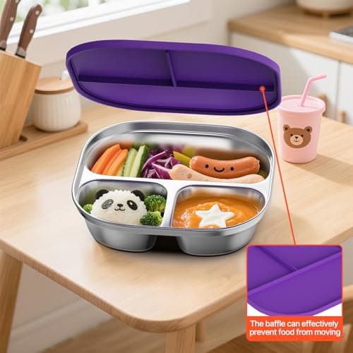 ENCYS Set of 4 Snack Containers,Stainless Steel Kids Plates,Stainless Steel Toddler Plate with Silicone Lids- Reusable Meal Prep Lunch Containers for Kids Non Toxic & 100% BPA Free - Thumbnail 6