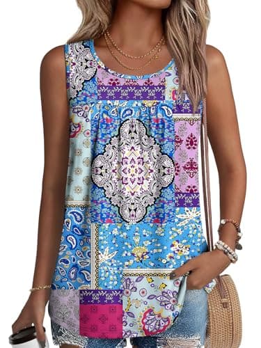 NORACORA Womens Summer Tank Tops Sleeveless T Shirt Casual Loose Fit Tunic Blouses Blue Blocks M - Image 1