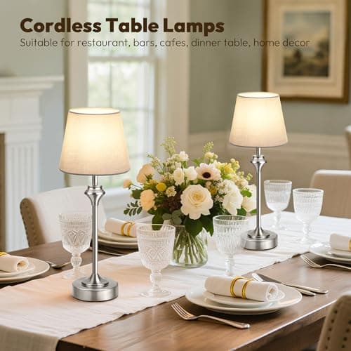 NIORSUN Portables Cordless Table Lamp,Flaxen Fabric Shade Battery Operated Lamp,5200mAh Bedside Table Lamp with Warm White,3 Way Dimmable Touch Desk Lamp for Bedroom Living Room Restaurant (Silver) - Thumbnail 2