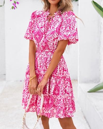 BTFBM Women Summer Floral Short Dresses V Neck Short Sleeve Tiered Ruffle Boho Swing Dress A-Line Mini Dresses(White Rose Red Floral,Small) - Thumbnail 4