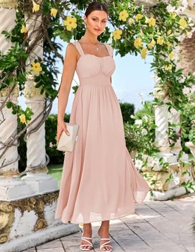 GRACE KARIN Summer Pink Apricot Dress for Women 2026,Off the Shoulder Smocked Bridesmaid Dresses,Formal Baby Shower Maxi Dresses XXL - Thumbnail 4