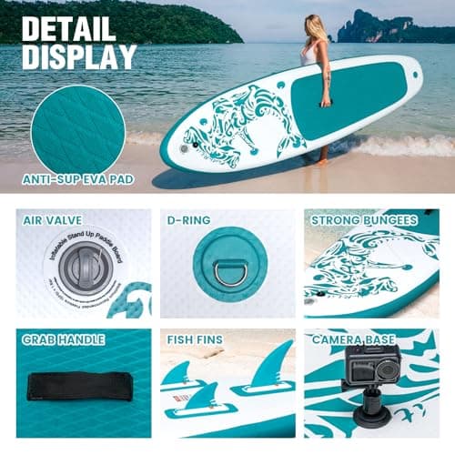 FEATH-R-LITE Inflatable Paddle Board Stand Up Paddleboards for Adults SUP with Premium Accessories Pump, Adjustable Paddle, Leash, Three Fins, Backpack (Green) - Thumbnail 3