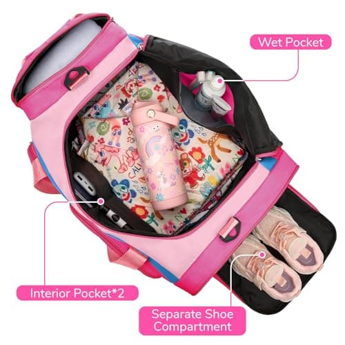 WOOMADA Kids Travel Bag with Shoe & Wet Pockets, Carry On Duffle Bag for Overnight Trips, Sports, School(hot pink) - Thumbnail 4