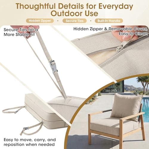 Domvaranique Outdoor Chair Cushion Set for Patio Furniture, 24 x 24 x 6 Extra Thick Deep Seat Patio Cushions, Olefin Back and Seat Cushion Replacement, Removable Cover, Ties and Handle, Beige - Thumbnail 6