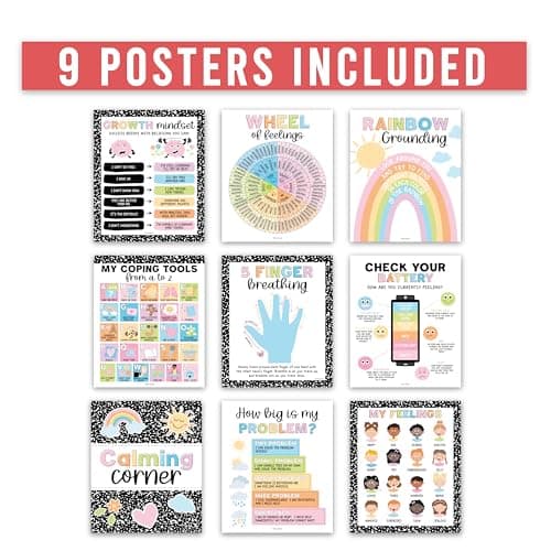 Hadley Designs Calming Corner Posters for Classroom Decor -9 Calm Down Corner Supplies Classroom Must Haves, 11x17 Feelings Emotions Chart for Kids, Pastel Mental Health Posters for School Counselors - Thumbnail 2