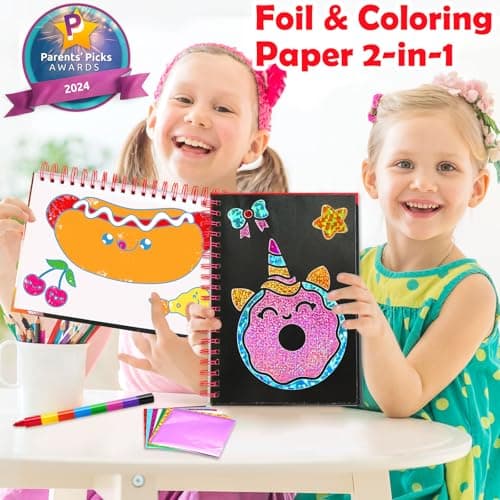 FUNNYB&G Foil Art Craft Kit for Girls 4-10 Years Old: Mess-Free & No-Glue, Create 16 Sparkly Food Pictures – Perfect Travel Toy & Birthday Gift for Kids (Food) - Thumbnail 2