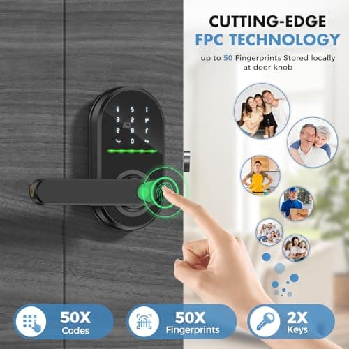 HEI LIANG Smart Door Handle with Biometric Fingerprint,Keypad Keyless Entry Door Lock for Front Door,5-in-1 Electronic Door Lock with App Control,Auto Lock,Reversible for Left/Right Hand,Deep Black - Thumbnail 5