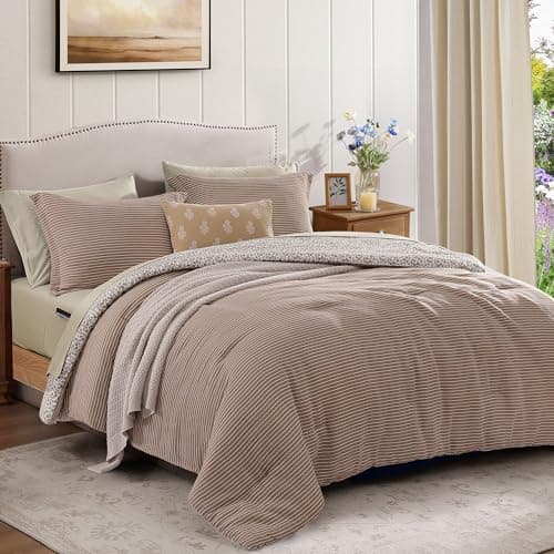 BLOOMHAVEN Full Comforter Set - 7 Pieces Dark Brown Bedding Sets for All Seasons, Lightweight Breathable Bed in a Bag Full with Revesible Farmhouse Comforter, Sheets, Pillowcases & Shams - Thumbnail 4