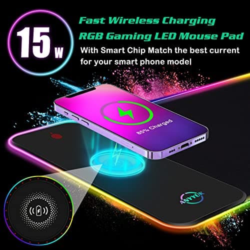 RGB LED Mouse Pad with 15W Wireless Charger Gaming Mouse Pad with 10 Light Modes, Extra Large Mousepad Non-Slip Rubber Base Computer Keyboard Mat for Men - Thumbnail 2