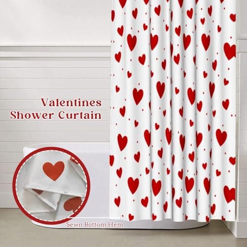 Lutto Valentines Shower Curtain, Heart Shower Curtain Valentines Shower Curtains for Bathroom, White Shower Curtain with Heart Design, Valentines Bathroom Decor for Valentine's Day, 72 X 72 Inch - Thumbnail 4