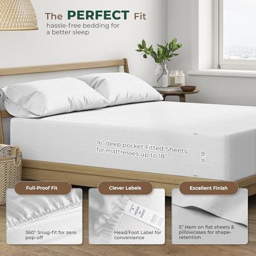 THREAD SPREAD 100% Organic Cotton Sheets California King Size - Organic Cotton Cal King Size Percale Sheet Set (4 PC, Light Grey Pinstripe), Soft, Cooling & Crisp, 16" Deep Pocket Hotel Bedding Set - Thumbnail 3