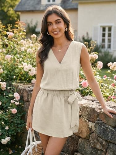 Wenrine Womens Sleeveless V Neck Romper Skort Mini Dress Linen Tie Waist Shorts Jumpsuit Loose Vacation Outfits Apricot - Thumbnail 5