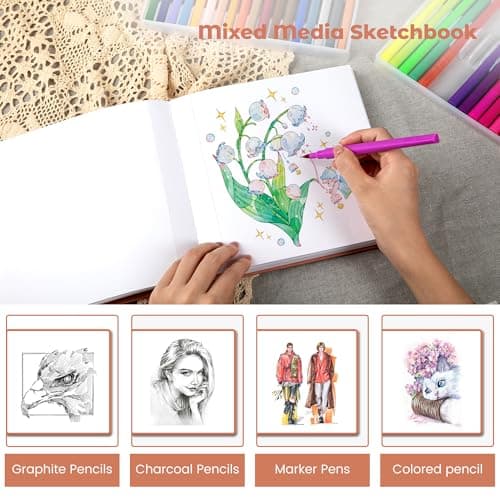 Sketchbook for Drawing, Square Hardcover Sketch Book,200GSM,8 x 8,Pink - Thumbnail 6