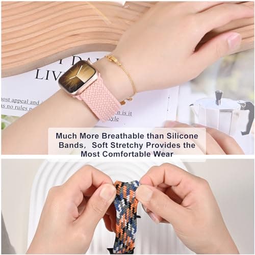 OMECKY Magnetic Braided Loop Band Compatible with Apple Watch Series 11 10 42mm 9 8 7 6 5 4 40mm 41mm for Women Men, Stretchy Nylon Elastic Sport Strap for iWatch SE 1/2/3, Sand Pink-Star Buckle - Thumbnail 5