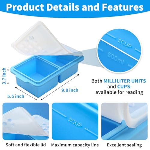 EuChoiz 2 Pack Silicone Freezer Tray Cubes 2 Cup with Date Mark Lids for Freezing Food Leftovers Sauces Portion and Lasagna Broth, Soup Freezer Molds for Meal Prepping Thick Enough - Thumbnail 5