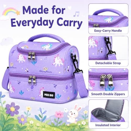 MISS BIG Kids Lunch Bag for Girls, Unicorn Insulated Lunch Bag with Two-Tier Storage, Adjustable Shoulder Strap, Lunch Box Bag for Kids, School, Daycare, Picnic, Travel - Thumbnail 5