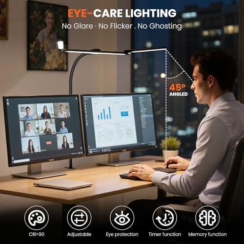 LED Desk Lamp for Office Home, 3 Light Bar Adjustable Desk Light with Clamp, Architect Table Lamp Computer Monitor Lighting, Stepless Dimming Eye-Caring Clip on Light for Workbench Reading Study Black - Thumbnail 3