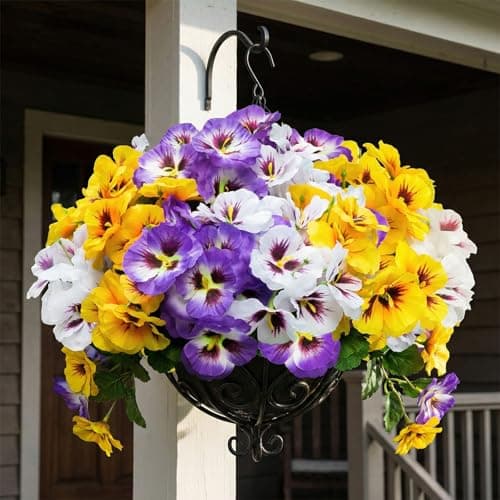 HAIDOLIANG Artificial Flowers for Outdoor, 9 Bundles Silk Faux Pansies Fowers,UV Resistant Fake Pansy Flowers for Outdoor Planters Home Garden Office Patio Front (Yellow/Purple/White) - Image 1