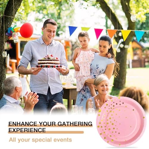Pink Gold Paper Plates for Party, 7" Thickened Gold Dot Disposable Plates (50pcs), Birthday Cake Dessert Plates for Indoor/Outdoor Party Supplies&Decoration, Ideal for Birthday, Wedding, Baby Shower - Thumbnail 5