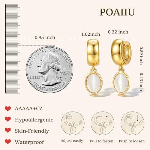 Trendy Gold Dangle Earrings for Women,14K Gold Plated Drop Earring Huggie Chunky hoop Earrings With Bezel-Set Statement Cat Eye Charm Lightweight Hypoallergenic Jewelry Accessories Gifts for Women - Thumbnail 6