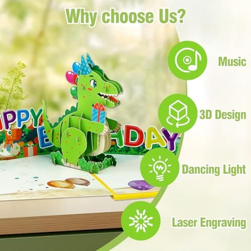 FaCraft Dinosaur Musical Birthday Cards for Kids - Music & Light 3D T-Rex - Thumbnail 3