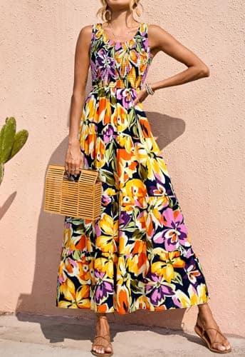 PRETTYGARDEN Floral Summer Dresses for Women 2026 Elegant Classy High Waisted Maxi Dress Sleeveless Smocked Tank Dresses (Navy Yellow Purple Flower, Medium) - Thumbnail 2
