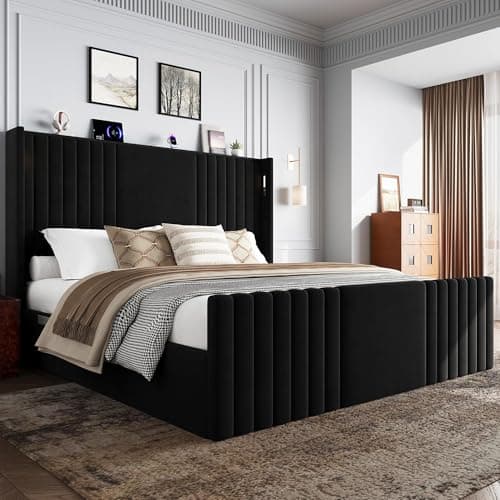 Uteeran King Size Bed Frame with 55.1" Tall Headboard, Velvet Upholstered Platform Bed with Channel Tufted Wingback, 2 Reading Lights/Storage Shelf/Charging Station/Easy Assembly/Noise-Free, Black