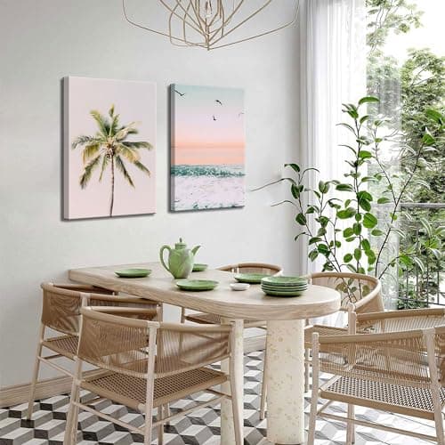 2Pcs Framed Pastel Beach Wall Art Tropical Palm Tree Canvas Posters Prints Coastal Ocean Wall Decor Pictures Summer Beach Theme Bedroom Living Room Decoration, 12x16 Inch - Thumbnail 2