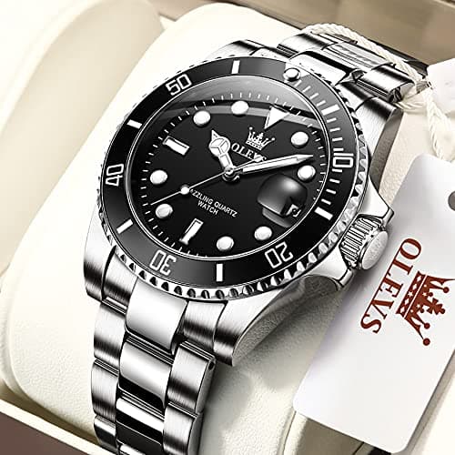 OLEVS Silver Watch for Men with Luminous Day Easy to Read Rotatable Bezel Dial, Stainless Steel Waterproof Analog Quartz Classic Mens Watches Gift para Mujer - Thumbnail 3