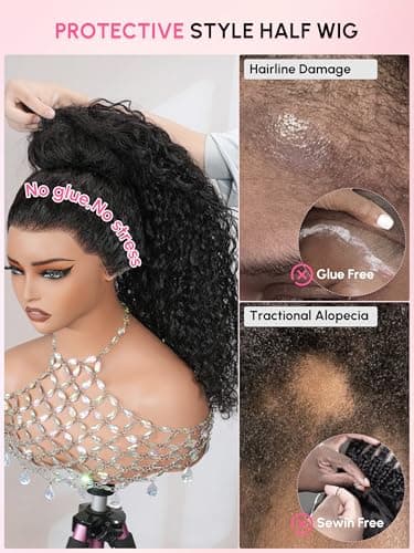 shangyinfa 24 Inch Water Wave Half Wig | Human Hair Glueless Design with Invisible Drawstring | Pre-Blended 4C Edges | 3B/3C Curl Pattern | 180 Density | Flip Over Style for Summer - Thumbnail 6