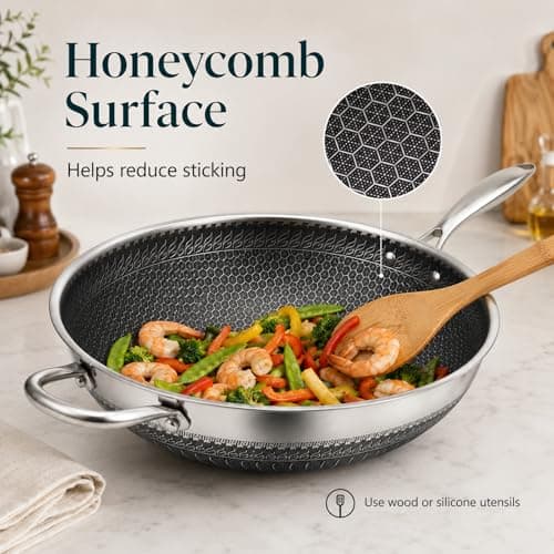 Boryenty 12 Inch Stainless Steel Honeycomb Wok with Standing Lid, Flat Bottom Stir Fry Pan, PFOA-Free Physical Nonstick, Induction Compatible & Dishwasher Safe Wok - Thumbnail 2