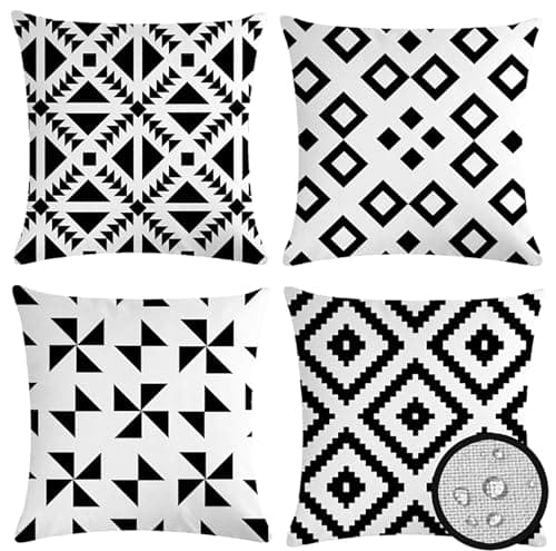 USNEWHOMI Pack of 4 Waterproof Outdoor Indoor Throw Pillow Covers 18x18 Boho Black White Pillowcases Double Sided Farmhouse Cushion Covers for Garden Patio Balcony Sofa Couch, 45X45 cm - Image 1