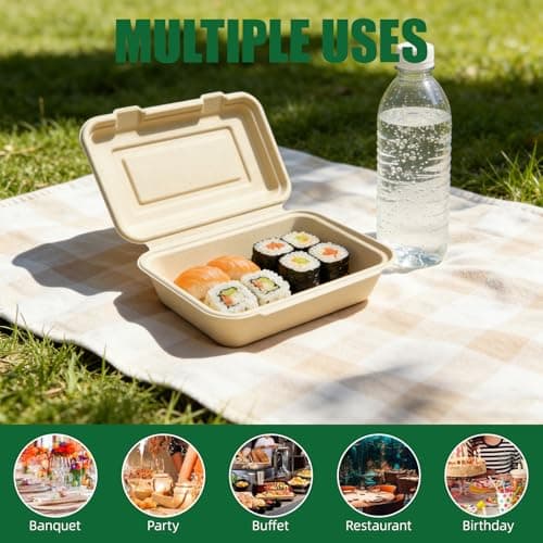 Compostable food to go containers with lids 9x8 Inch Takeout Lunch Box Containers with Lid To Go Take Out Clamshell for Food, Disposable Eco-Friendly Biodegradable bamboo, PFAS-Free, Brown (100) - Thumbnail 5