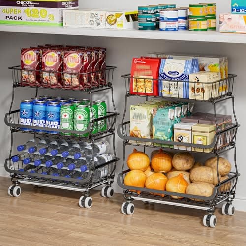 MJIMKE 3-Tier Metal Rolling Cart with Wheels - Pantry & Kitchen Organizer and Storage, Stackable Baskets for Fruit Vegetable, Floor Stand Countertop Rack to Snack Coffee Onion and Potato Organization